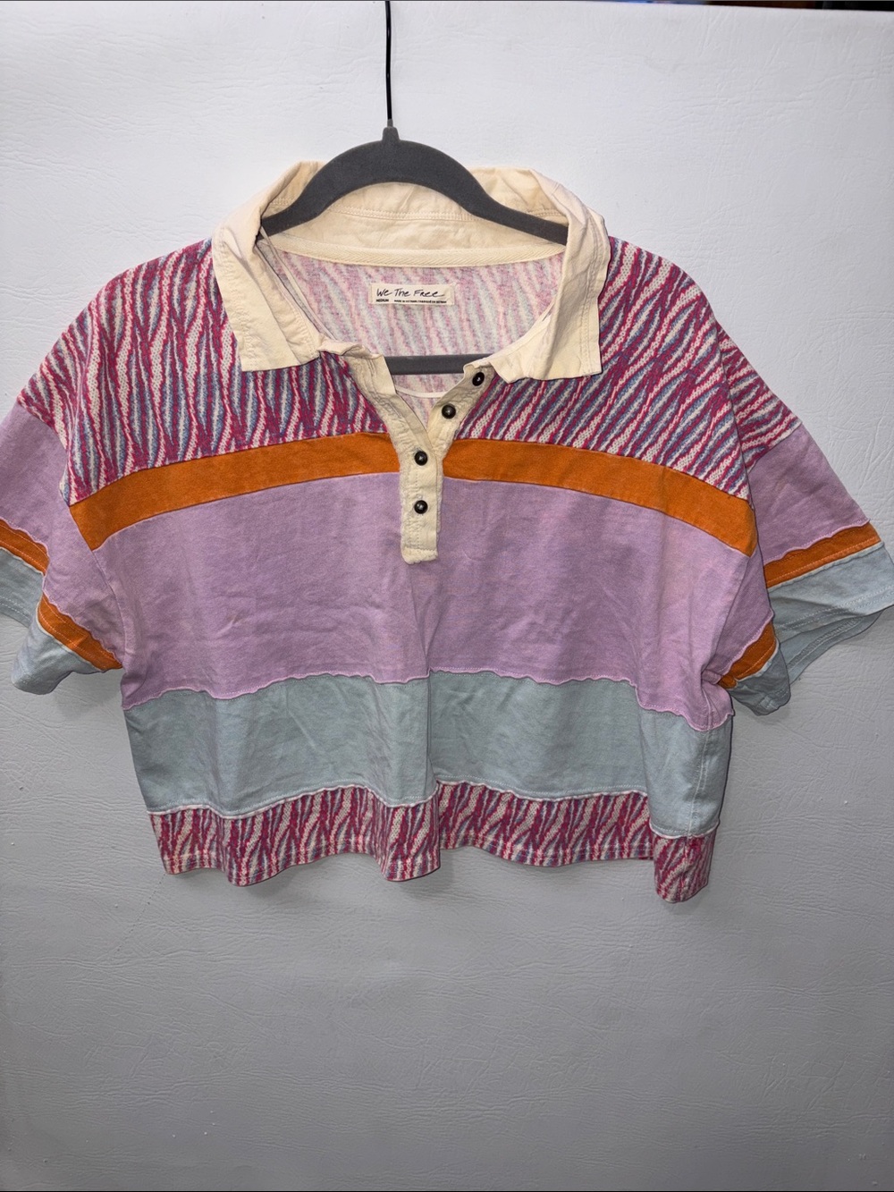 Free People Cropped Rugby Shirt in Lavender, Light Blue, Orange, Cream - Picture 2 of 5